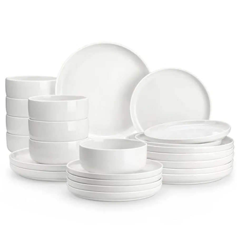 Plates and Bowls Sets, 24 Pieces Modern Porcelain Dinnerware Set for 8, Ceramic Dishware Dishes White Kitchen Dinner Dining War