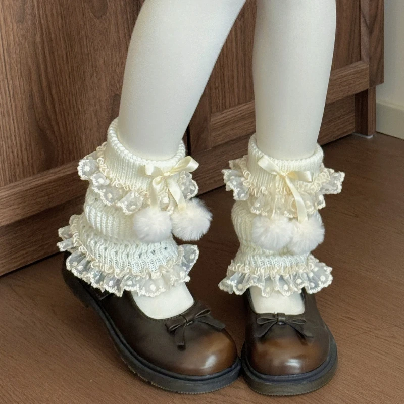 

Lolita Leg Warmers Japanese Cute Fur Ball Hollow Out Lace Ruffle Socks Foot Cover JK Sweet Girl Bow Leg Cover Medium Tube Socks
