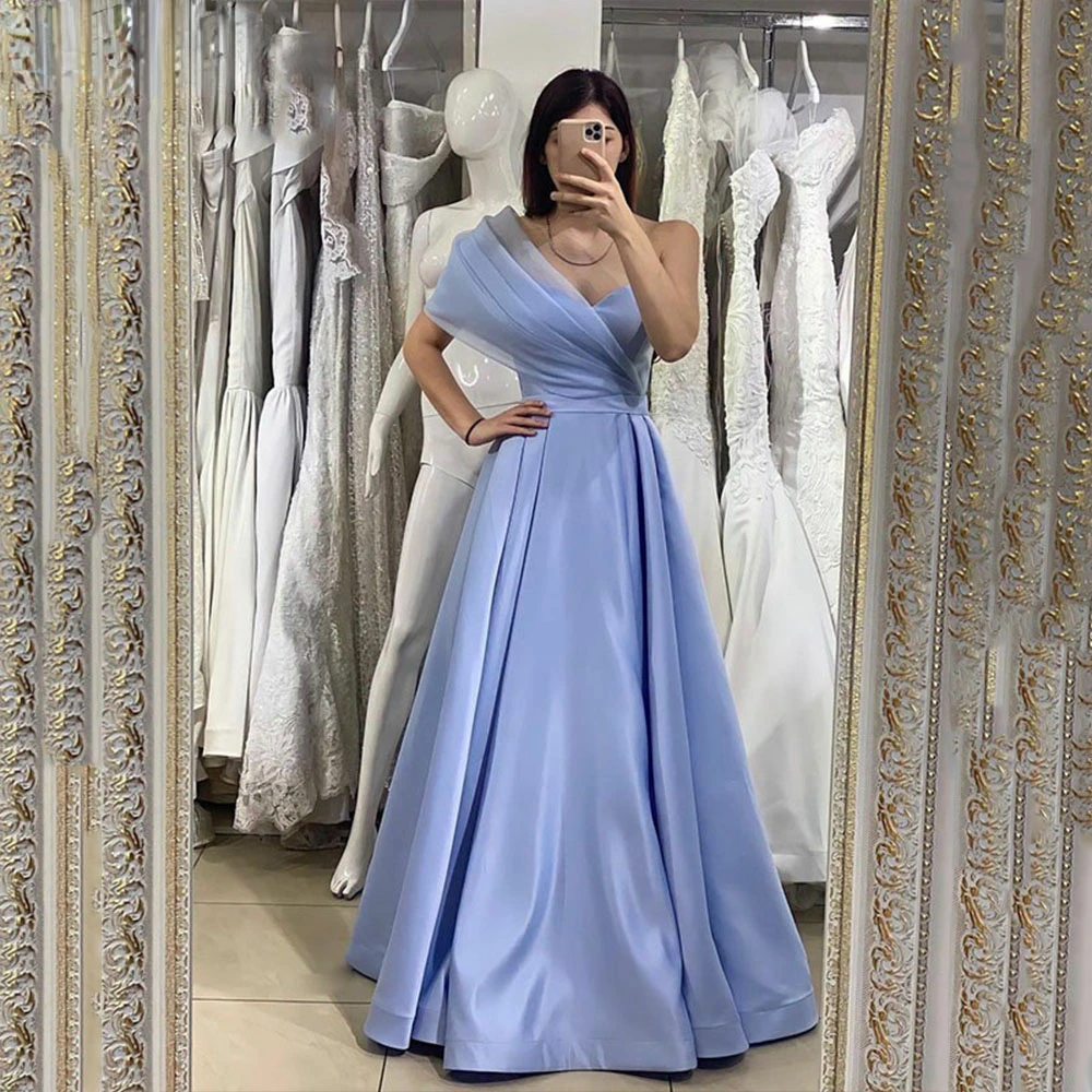 

Sky Blue Long One Shoulder Satin Prom Dresses A Line Backless Party Evening Arabic Gown Floor Length robes de soirée 2022