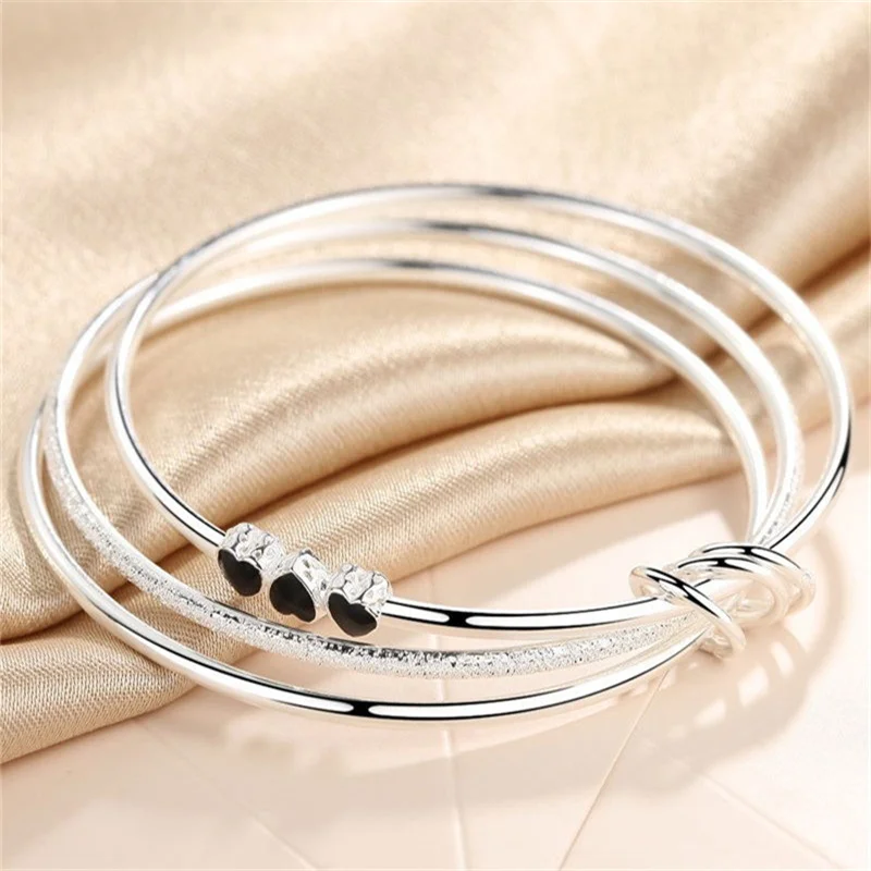Minimalist Three Hearts Two Circles 999 Sterling Silver Bracelet Ladies Flash Grain Stackable Bangle Hypoallergenic Daily Fashio