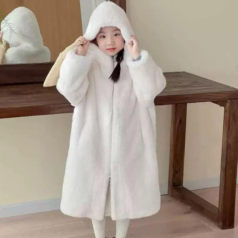 2024 Winter New Children\'s Faux Fur Jacket Imitation Mink Fur Coat Girls Warm Hooded Overcoat A4230