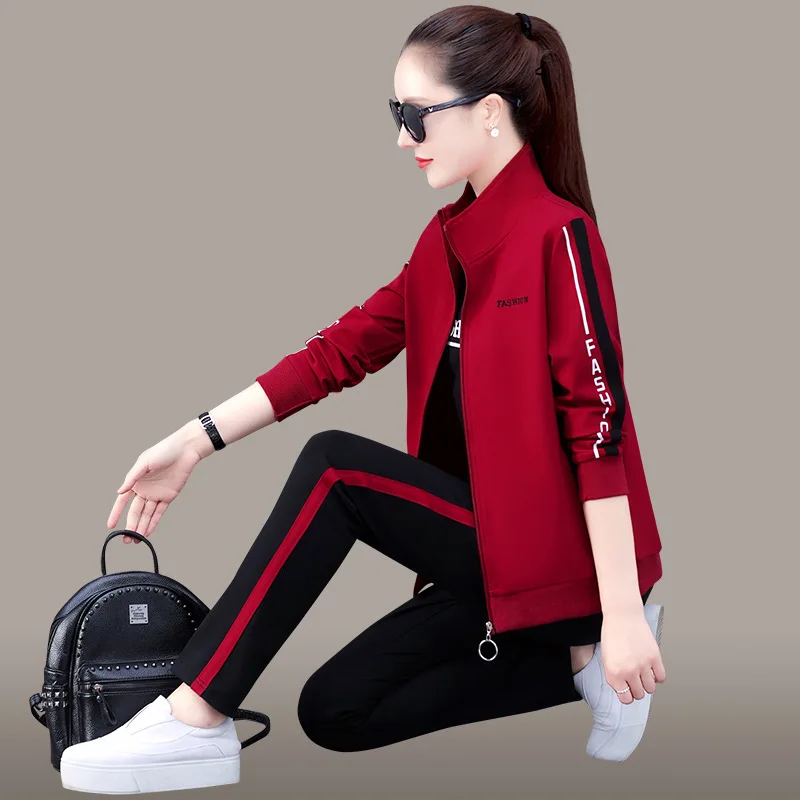 3PCS Spring Women Sport Suit Tracksuit Loose Jacket+shirt+pant Jogger Exercise Outfit Casual Workout Set Sportswear Plus Size