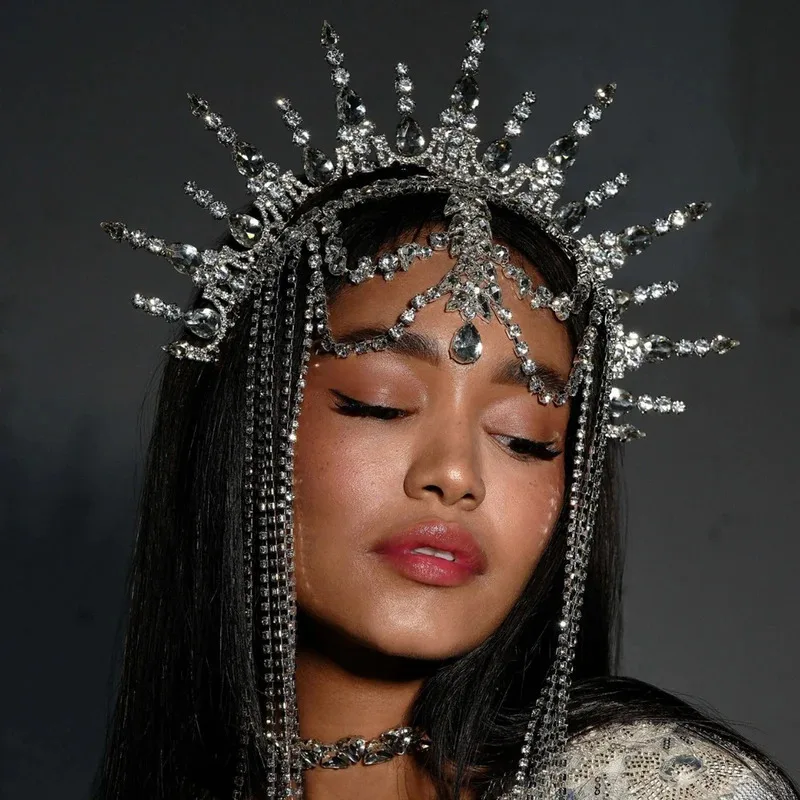 

Queen Tassel Hairband Crown Performance Head Accessories Ethnic Exaggerated Rhinestone Hair Chain Headpiece Party For Women