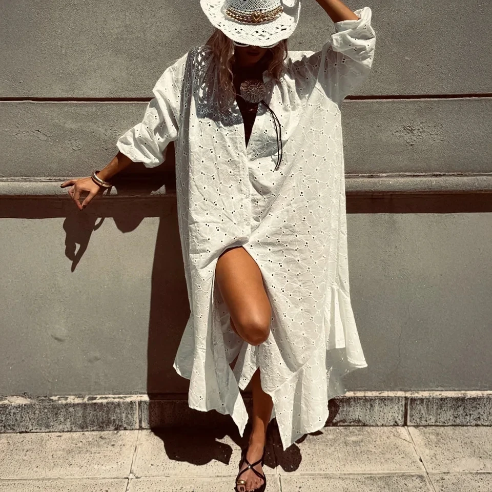 

2026 Summer New Lazy Loose Single Row Button Ruffle Hollow Out Embroidery Pure Cotton White Long Dress
