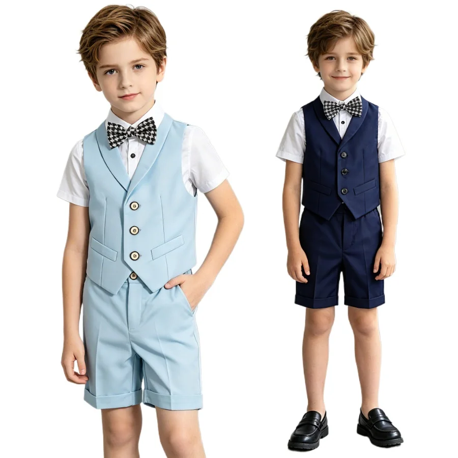 School Boys Formal Suit Set Light Blue Vest & Shorts White Shirt with Bow Tie for Wedding Birthday Party Performance Costume 8 Y