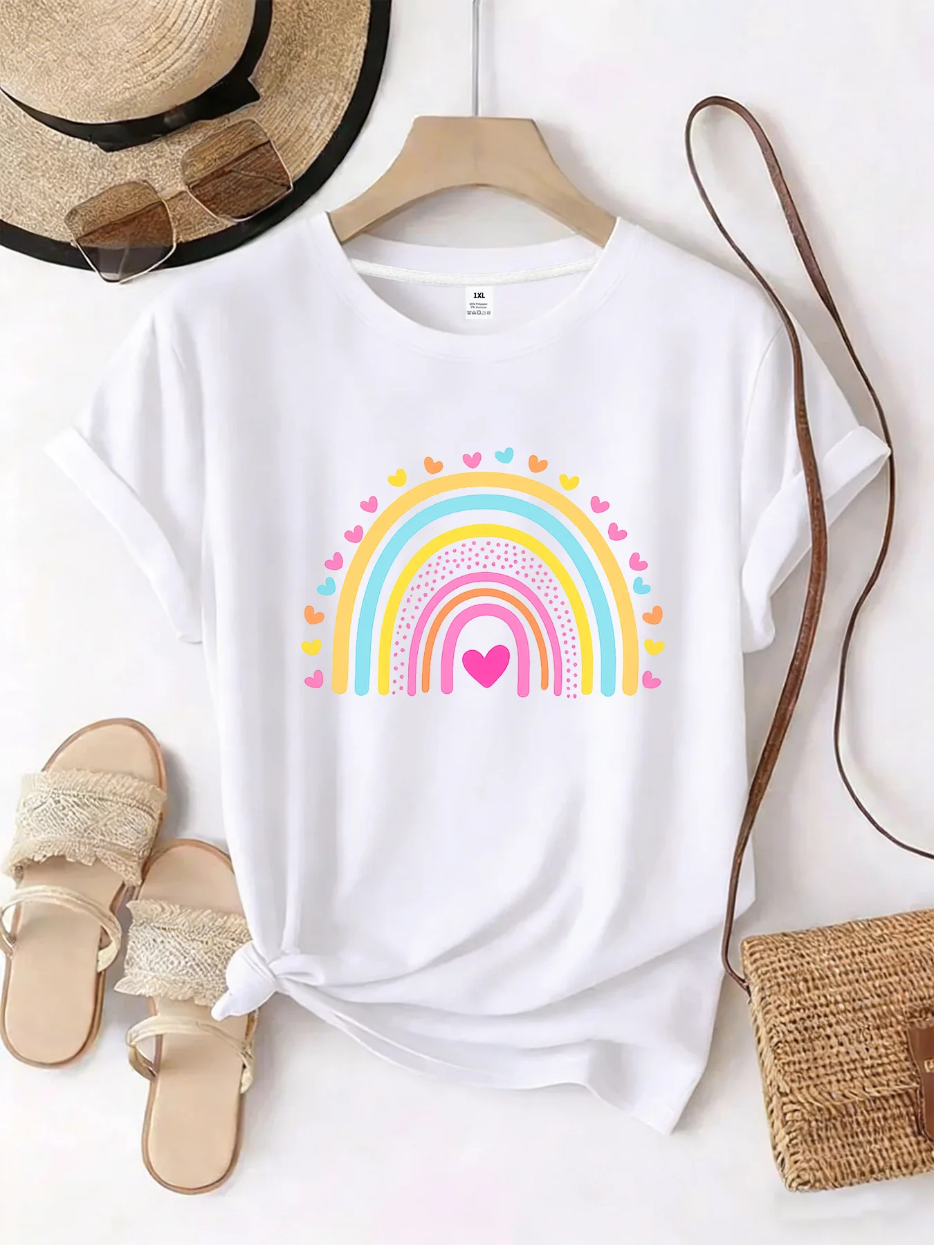 

【WZM101295】Rainbow print plus size women's round neck summer casual short sleeved street fashion versatile plus size T-shirt