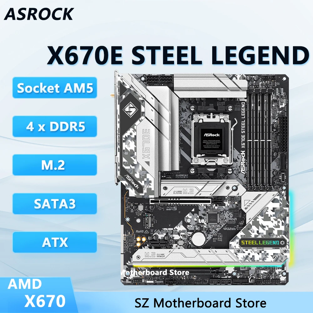 Placa Mãe ASROCK X670E STEEL LEGEND DDR5, Suporte para CPU AMD X670 AM5, Ryzen 9 7950X3D, 7950X, 7800X3D, 7700X, 5 8600G, Placa Mãe ATX