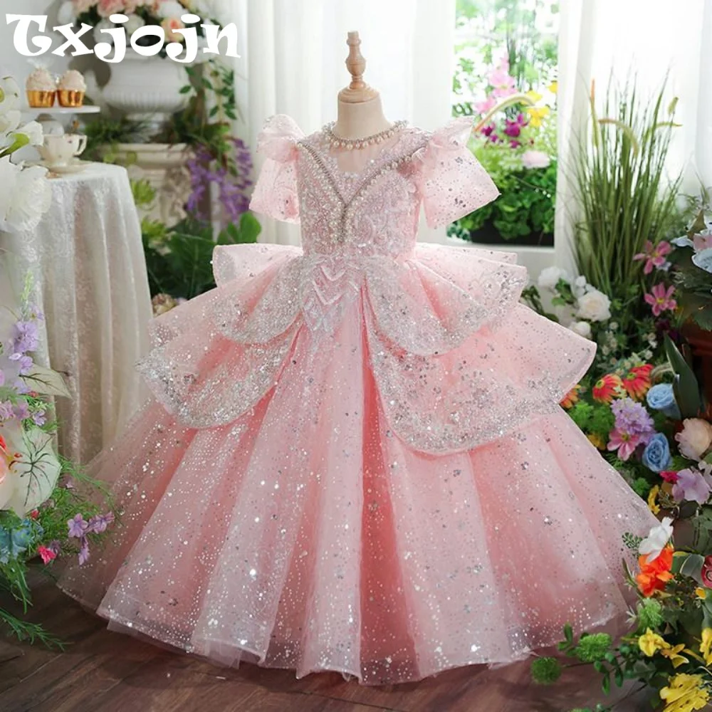 Pink Sparkly Girls Pageant Dress Puff Sleeve Rhinestone Princess Ball Gown Elegant Kids Birthday Party Flower Girl Dresses