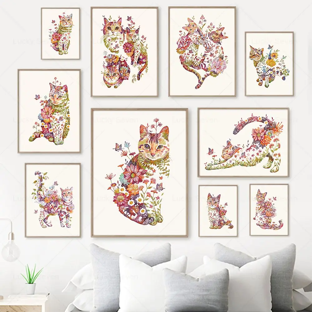 Impresión en lienzo de gato con flores en acuarela, pintura abstracta de animales y flora, póster estético, imágenes para dormitorio