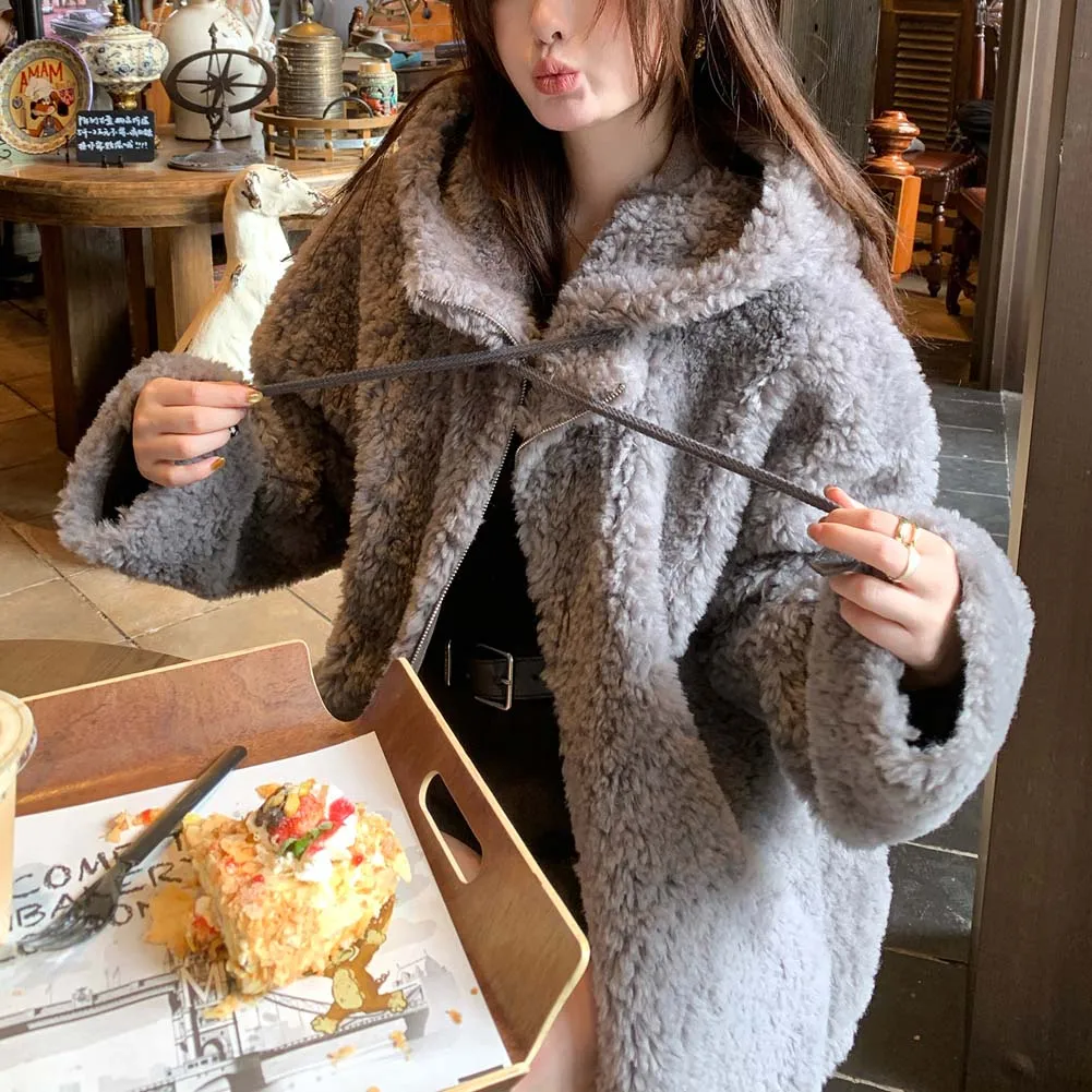سميكة أفخم منتصف طول الفراء سترة المرأة فضفاضة تناسب صوف الضأن معطف مقنع الشتاء نمط جديد ملابس خارجية الموضة #6