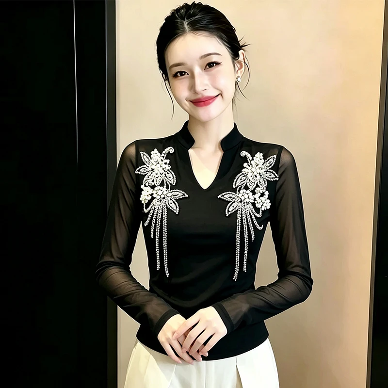 MadBlack-Women European T-Shirt, Sexy V Neck Diamond, Streetwear Long Sleeve Slim M-3XL Sheer Knit Tee, 2026 Autumn New T69236CC