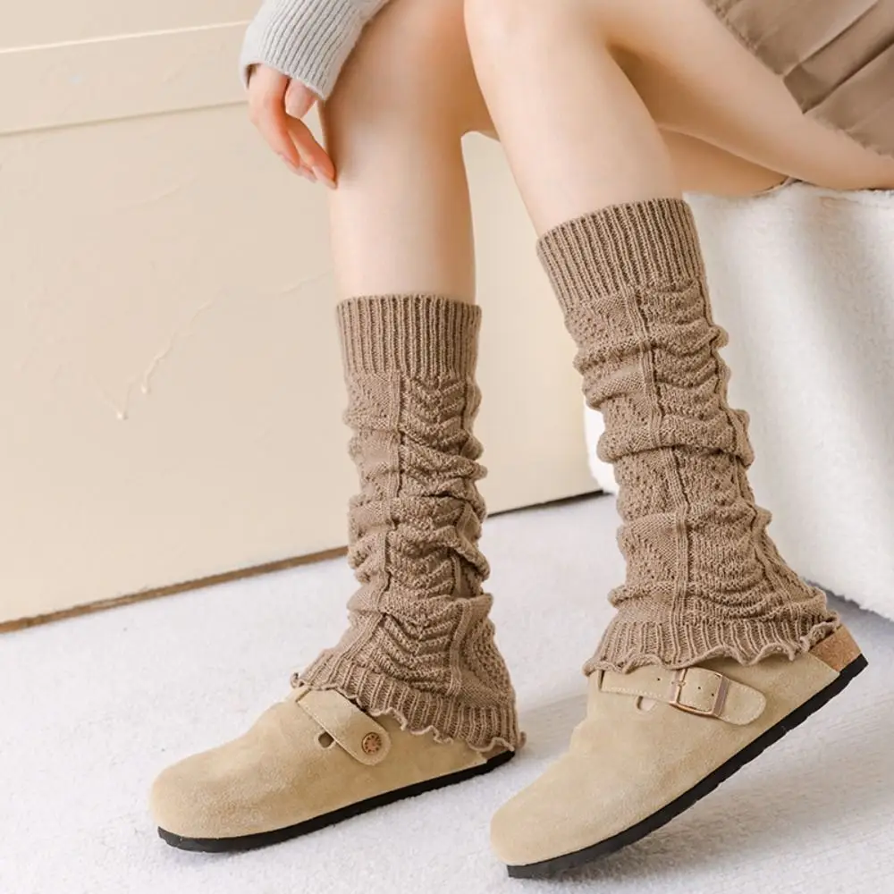 Lolita Knitted Knee Socks Solid Color Vertical Stripe Knee Sleeves Stacked Crochet Design Leg Cover For Women
