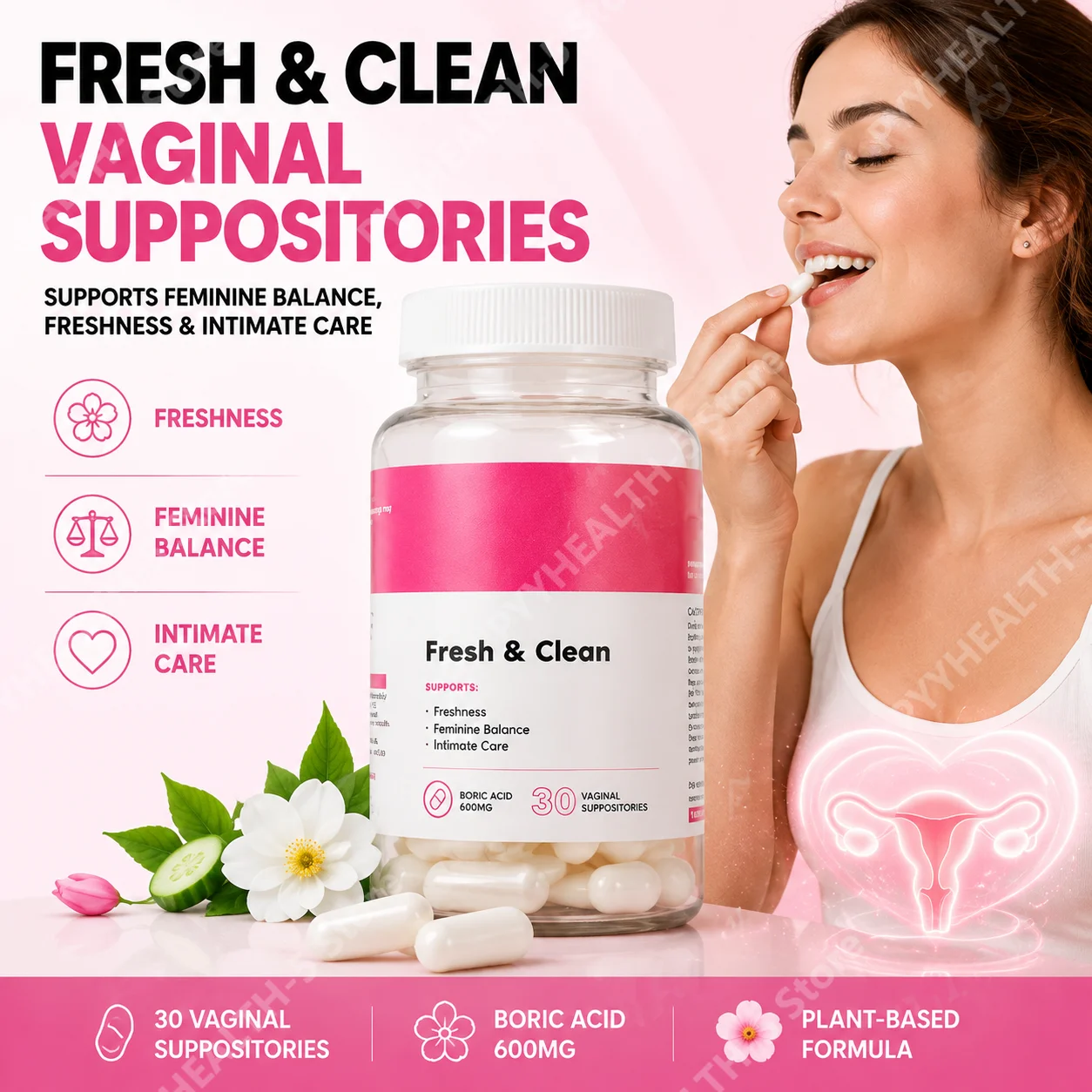 Boric Acid Vaginal Suppositories, Supports Vaginal pH Balance, for Fresh & Clean Intimate Health, Helps Fight Odor, 30 Count