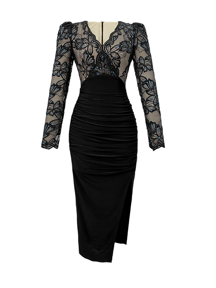Mode femmes Robe de soirée Chic dentelle florale Sexy voir à travers col en v maigre plis fente Midi Robe de soirée Robe Femme Mujer robes
