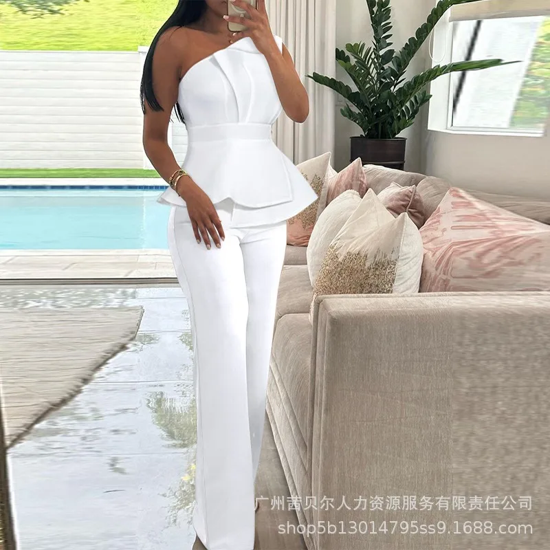 Women Chain Spaghetti Strap Double Breasted Vest Mid-Waist Straight-Leg Pants Trousers Suit Spring Summer New Slim Striped Suit