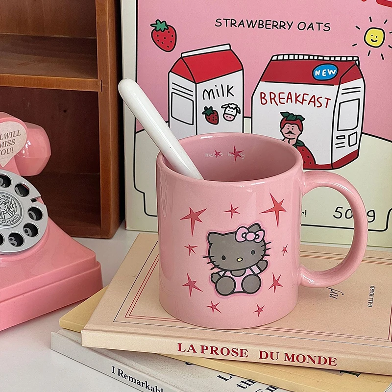 Taza de cerámica bonita de Hello Kitty de Anime Kawaii Sanrio, taza de café, agua, leche, corazón femenino, regalos Ins de moda para niñas