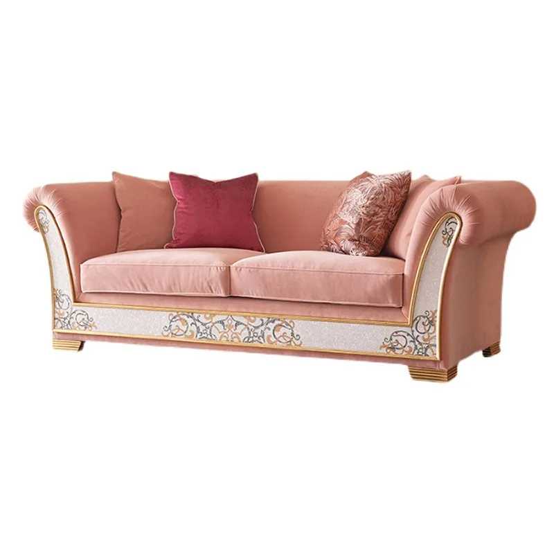 

French mahogany inlay wood veneer shell parquet villa living room combination pink sofa