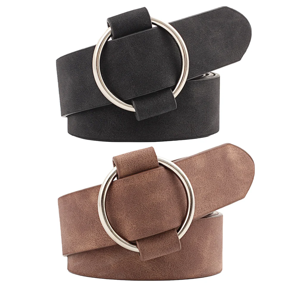 

2pcs Women'S Belt Round Pin Buckle No Needle Wide Solid Pu Girdle Round Pin Buckle Belt Waistband Black Coffee