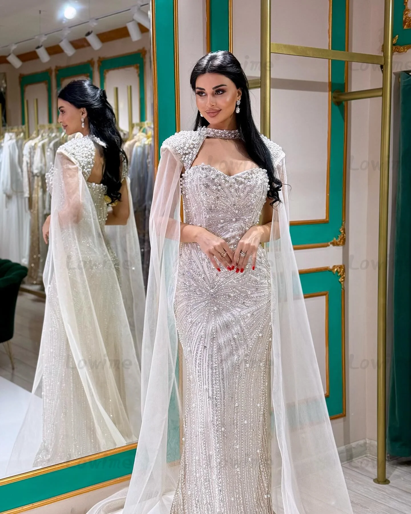 Vestidos de Noche árabes con mangas de capa de marfil y perlas elegantes, vestido de fiesta de boda personalizado con cuentas de Dubái para mujer, vestidos de graduación 2 en 1