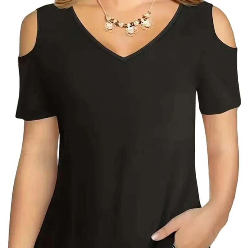 Camiseta feminina cropped de manga curta com ombros descobertos, versão coreana, para primavera e verão 2026, estilo camiseta básica curta para noite.