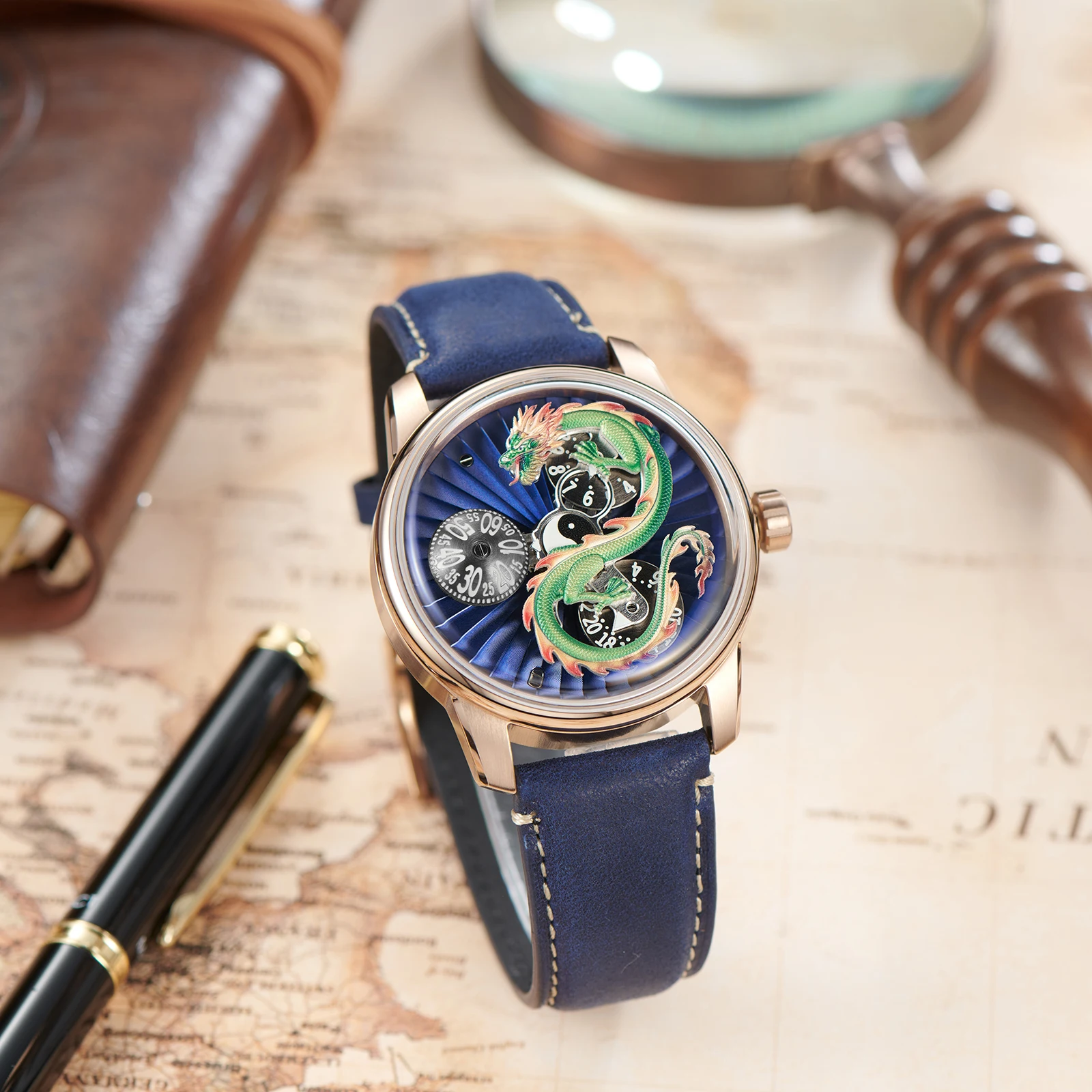 OBLVLO Mens Rose Gold 3D Green Dragon Automatic Watch Analog Luminous Blue Leather Strap Mechanical Watches JM-DRAGON-DOU