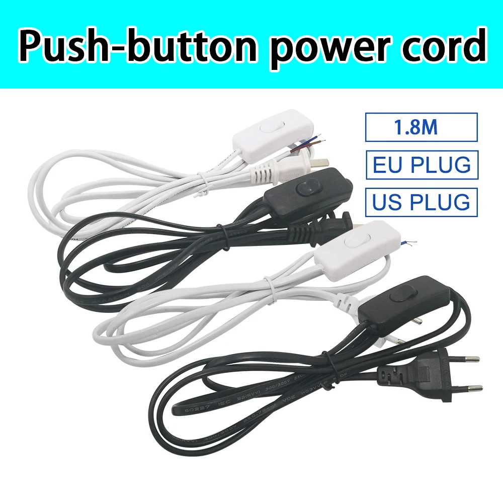 White/black US/EU 1.8m button switch power cord desk lamp switch cable AC 110V/220V extension power cord switch