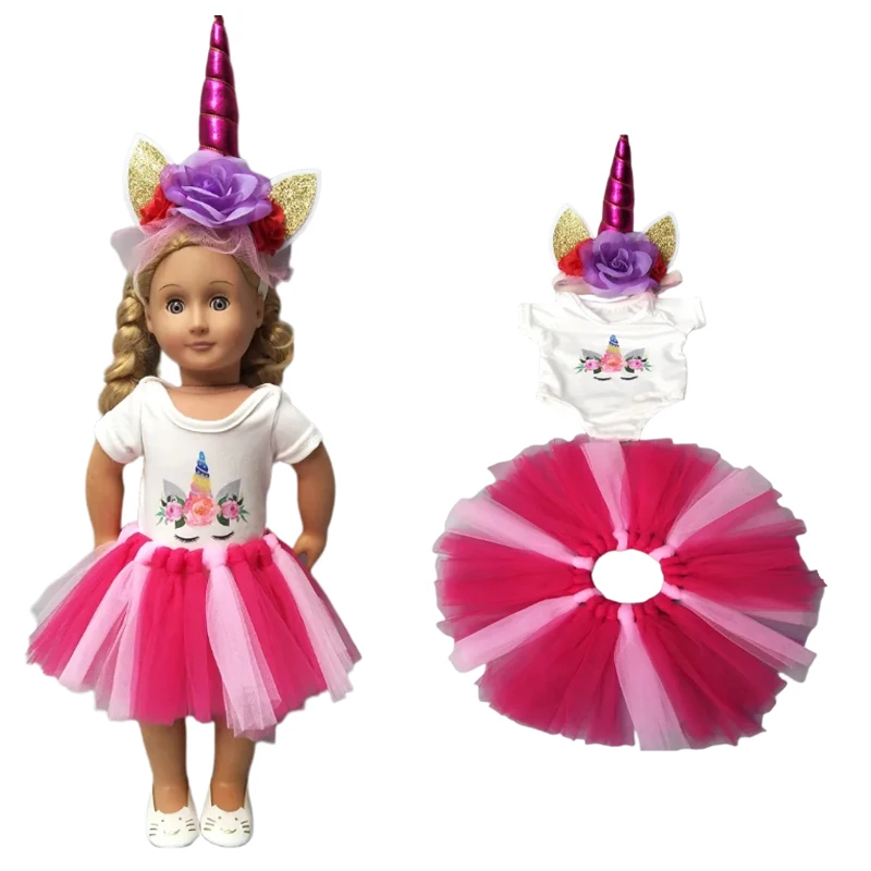 Doll Clothes Set for 43cm Born Baby Doll Unicorn Tutu Dress Doll Head Band for 18 Inch Doll Dress Clothes Set