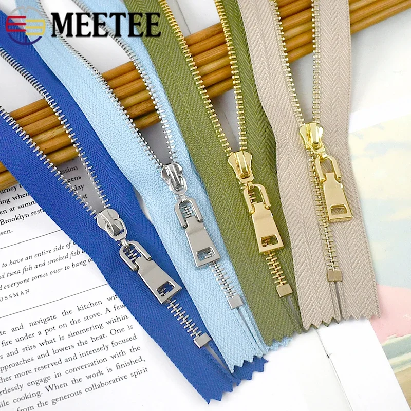 5/10 unidades Meetee 15/18/20/25/30cm 3 #   Zíperes de metal com trava automática de ponta próxima para bolsa, roupas, vestuário, reparo diy, acessórios de costura