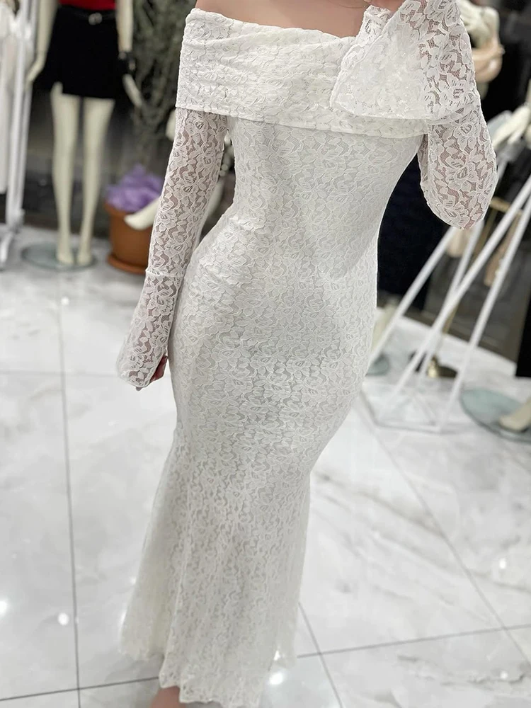 Temperamento sólido luxo banquete vestido elegante cintura alta envoltório quadris vestido de festa sexy slash colarinho renda bordado vestido de noite