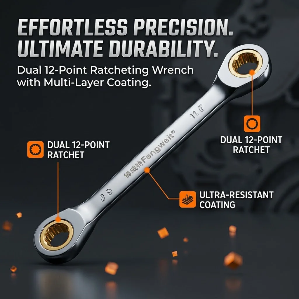 4 In 1 Double End Bi-directional Ratchet Wrench 12-Point Rust-Proof Multi-Layer Plating Spanner For Automotive Machinery Repair
