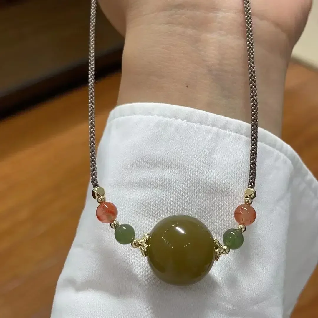 

Fashion Hotan Jade Pendant Original Design Sugar Material Big Round Bead Clavicle Necklace Light Luxury Jewelry Women's GIft