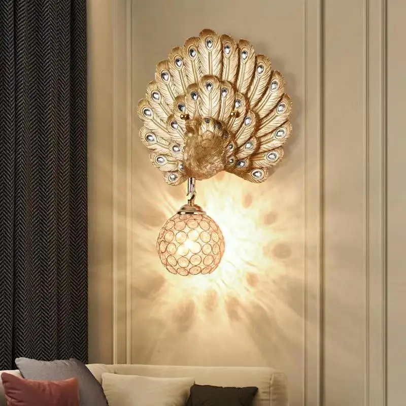 SOFITY Contemporary Resin Peacock Wall Light LED Gold Creative Crystal Sconce Lamps For Home Living Room Bedroom Decor