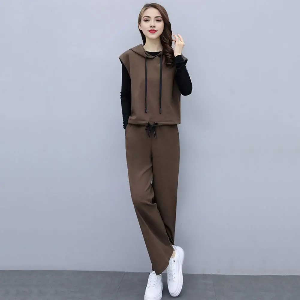 Spring Vest Top Pants Set Stylish 3-piece Women's Outfit Set with Hooded Top Sleeveless Vest Wide Leg Pants for Casual Daily