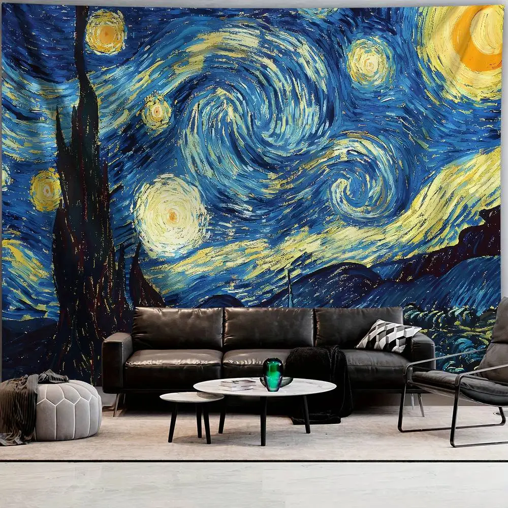 Fashion Cool Vintage Swirling Star Moon Night Sky Tapestry Wall Art Print Apartment Bedroom Study Room Wall Decor
