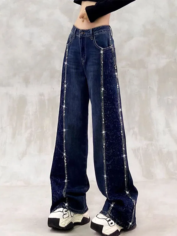 

Casual Embroidered Side Diamond Design High Waist Loose Slimming Straight Leg Wide Leg Jeans Women's Spring New Sle