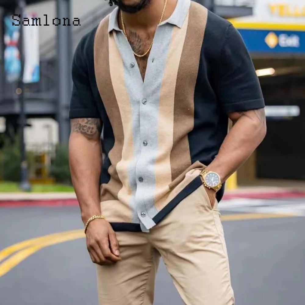 

2022 European Size Men Turn-down Collar Short Sleeved Polos Shirt Open Stitching Tops Streetwear Mens Fashion Striped Shirts