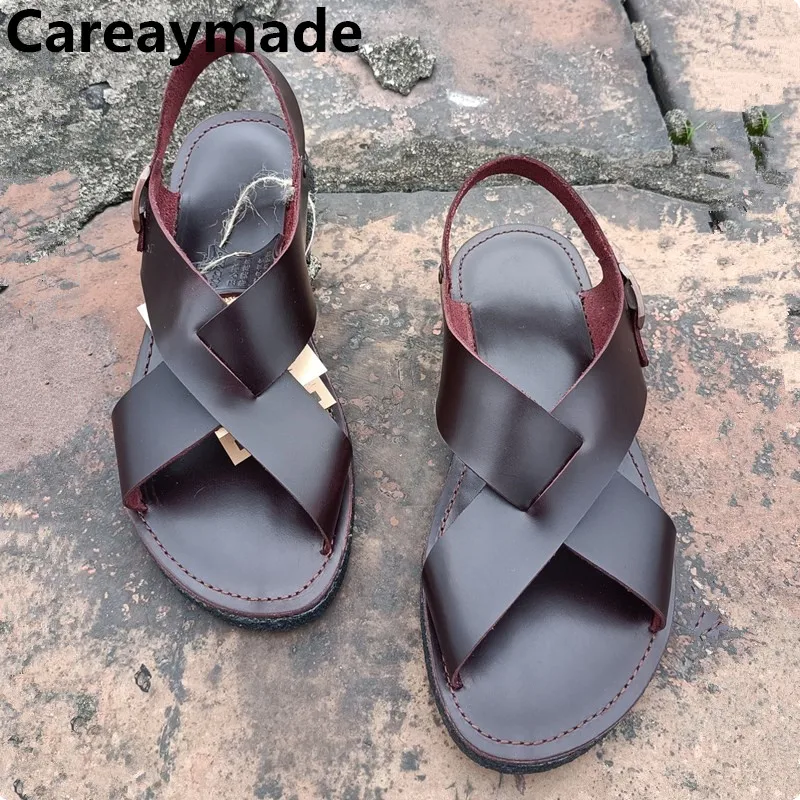 Careaymade-Genuine leather big size women's shoes,hollowed out woven open toe buckle flat bottom soft cool summer man sandals