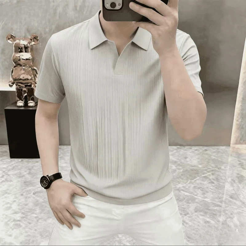 2026 Summer New Style Men's Slim-Fitting Breathable Vertical Stripes Silk Collar Knitted Business Casual Short-Sleeved T-Shirt P — купить у AliExpress WW