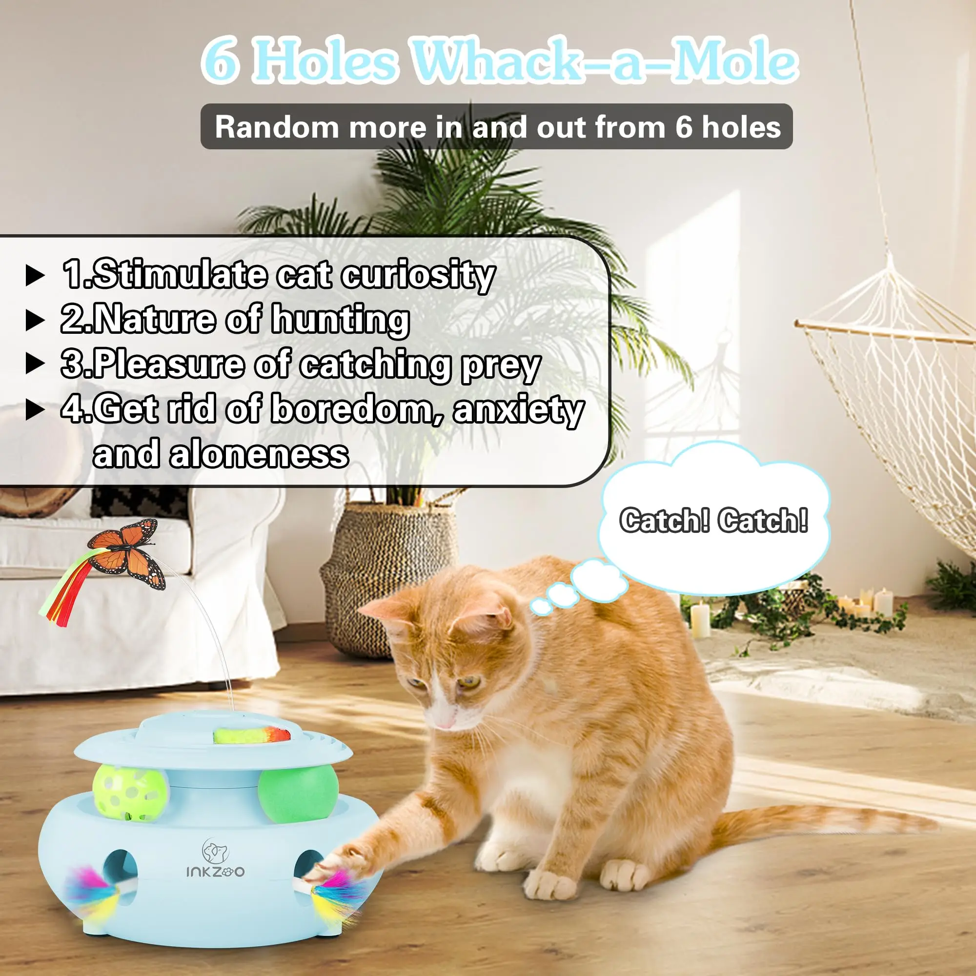 INKZOO 4-in-1 Interactive Cat Toys for Indoor Cats, Automatic 6 Holes Mice Whack-A-Mole, Fluttering Butterfly, Track Balls, USB