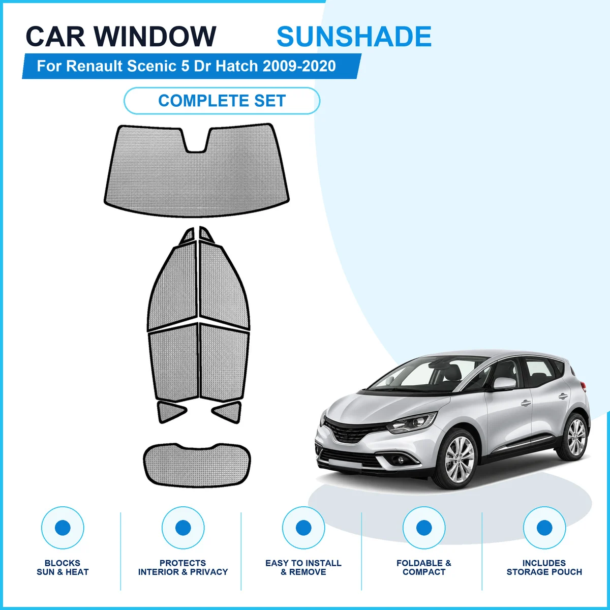 For Renault Scenic 5 Dr Hatch 2009-2020 Custom Full Set Window Sunshades Aluminum Foil Suction Cup Anti UV Privacy
