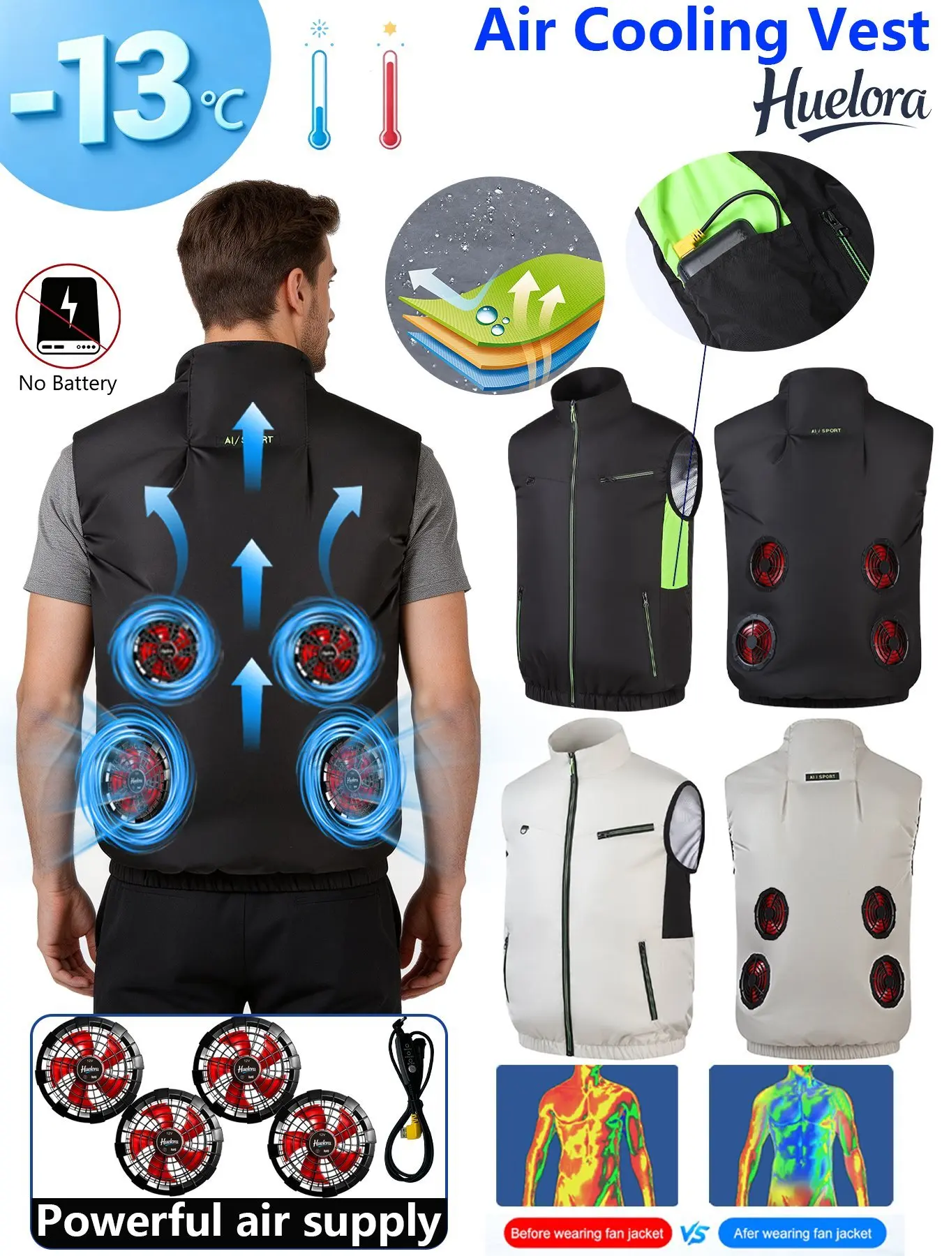 Air Cooling Vest Men 4/3/2 Fans USB Stand Collar Summer Work Sleeveless Waistcoat Battery Pocket