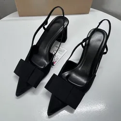 Vintage Black Women High Heeled Shoes Pointed Toe Shallow Fashion Bow-Knot Slingbacks Elegant Brand Designer Office Lady Pumps