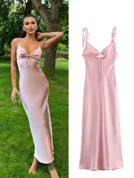 HH 2025 Female Vintage Dresses V-Neck Hollow Sexy Sleeveless Backless Pink Solid Trendy Women's Elegant Holiday Dresses