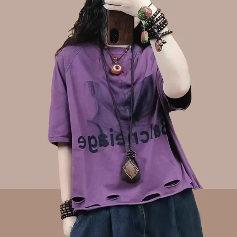 

Purple Loose T-Shirt With Letter Print And Cut Out Details For Women Streetwear Music Festival Casual Wear