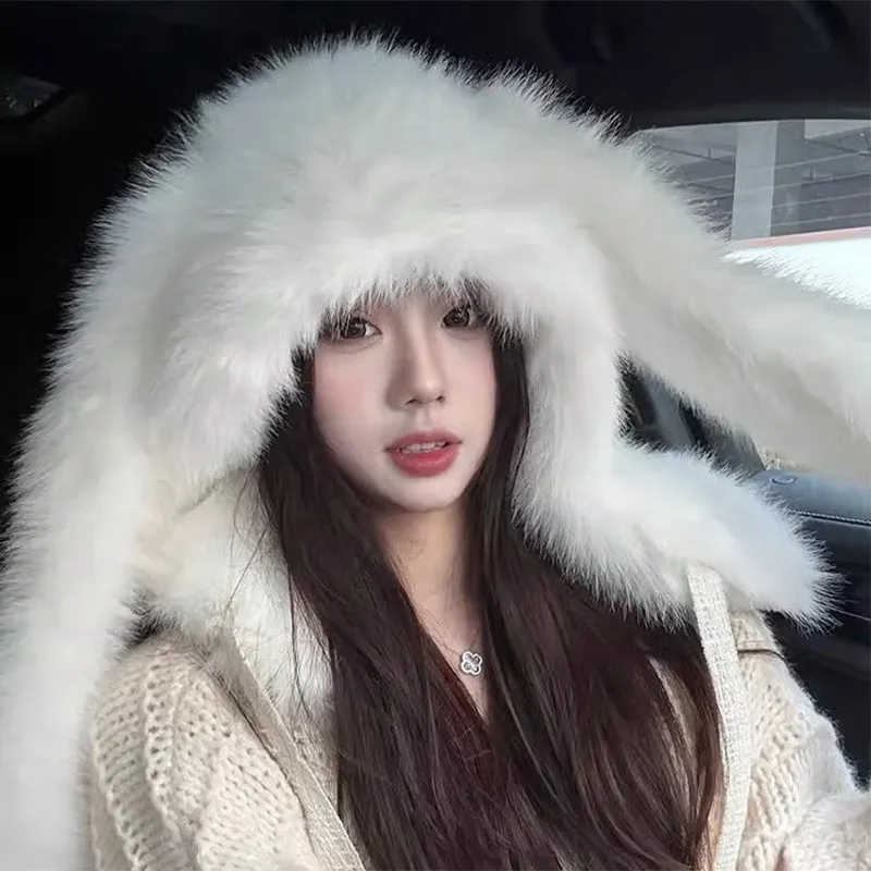Bunny White Plush Rabbit Ear Hat Women Winter Cute Warm Balaclava Scarf Integrated Neck Protection Neck Cover Hat Beanies Gifts