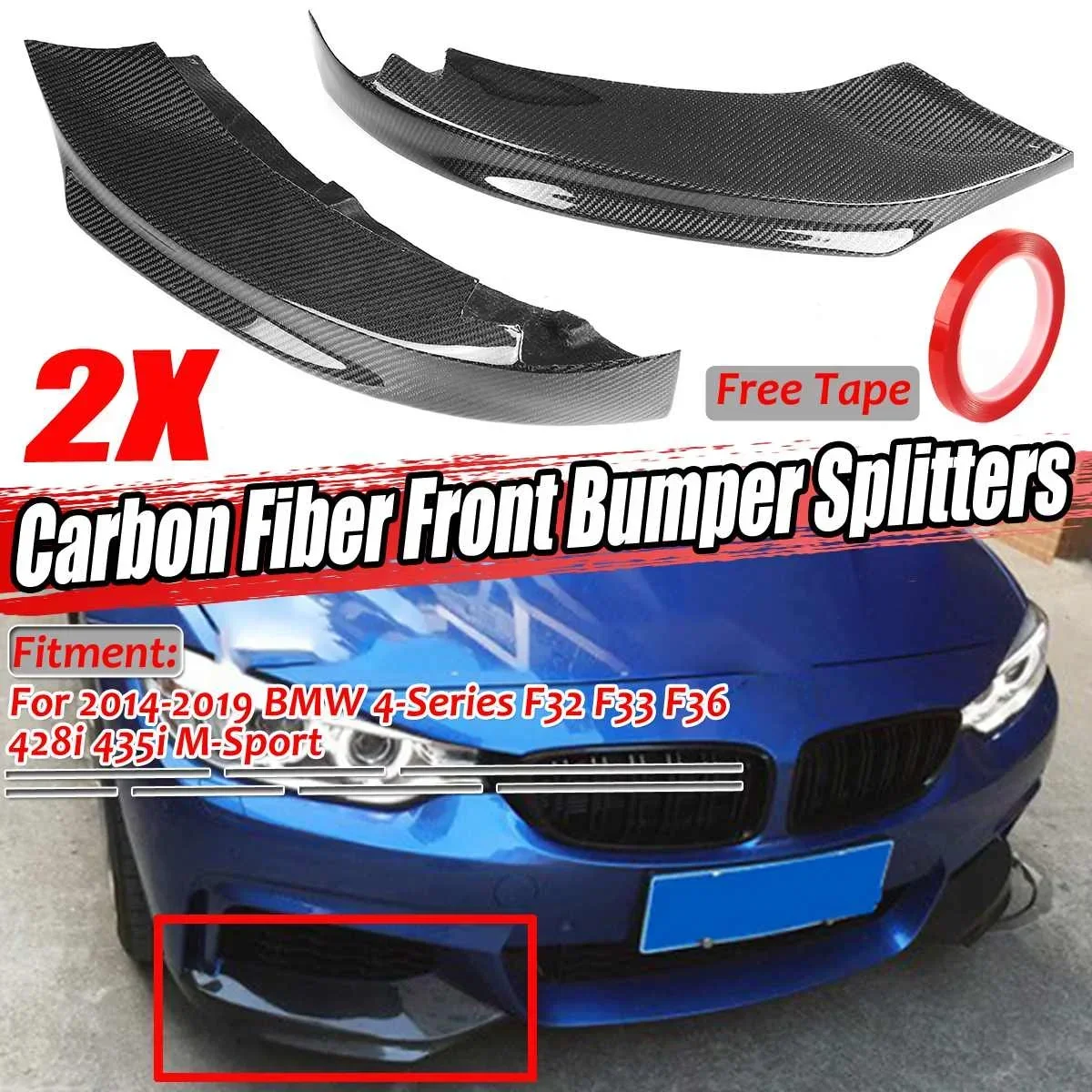 A Pair Real Carbon Fiber Car Front Bumper Splitter Lip Diffuser Spoiler For BMW 4-Series F32 F33 F36 428i 435i M-Sport 2014-2019