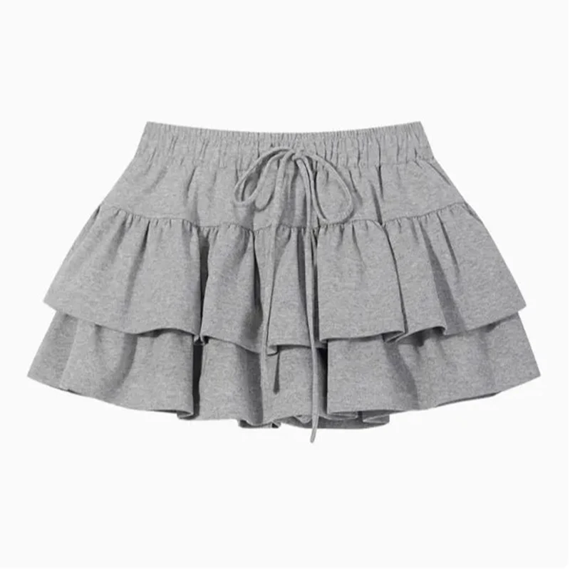 Cotton Sweet Mini Skirts Y2K Elastic High Waist Solid Double Layer Cake Skirt Korean Ruffle Patchwork Lolita Skirt Shorts New