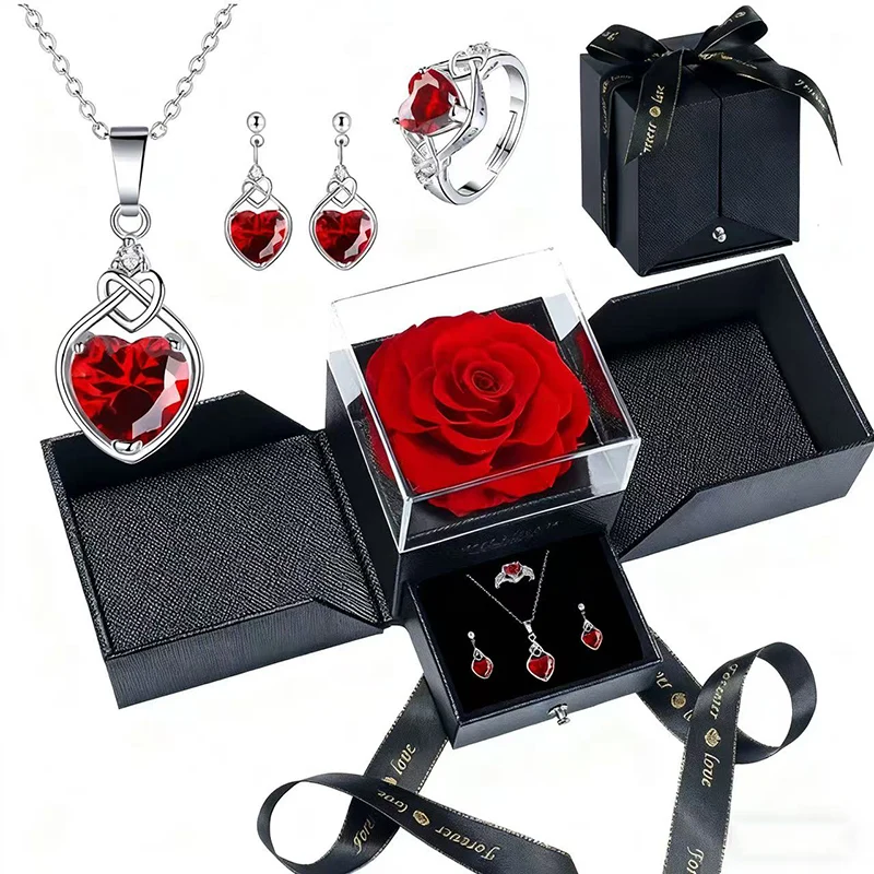 

Roseluv Red Rose Gift Box 3PCS Heart Jewelry Set Red CZ Elegant Sparkling for Valentine's Christmas Gift Her Mom Girlfriend Wife