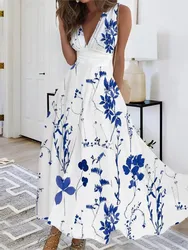 Summer Floral Elegant Party Long Dress For Women 2024 Sexy Deep V Neck Sleeveless Slim White Print Casual Maxi Dresses Robe