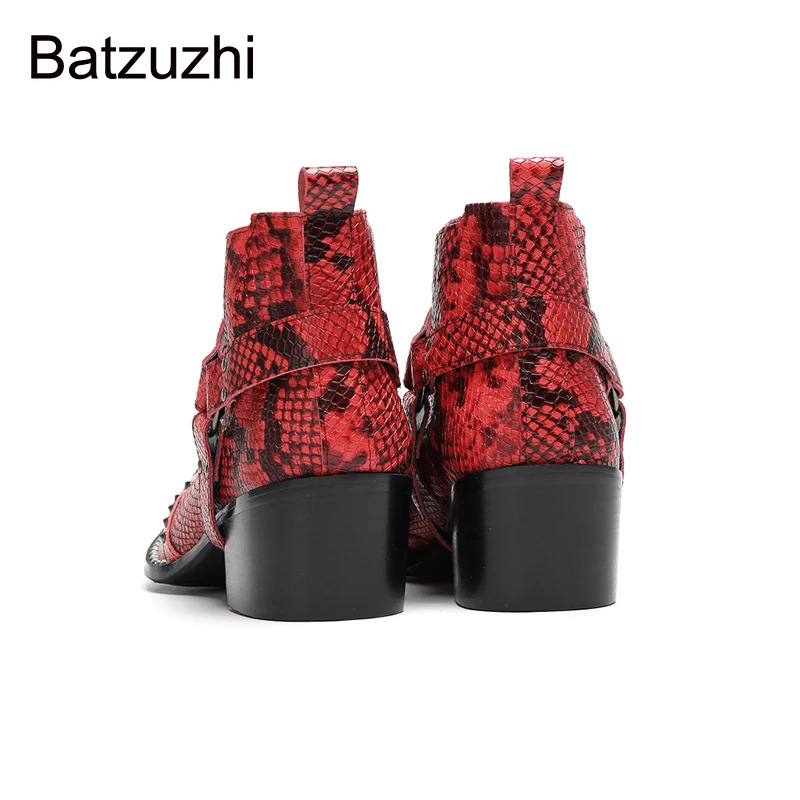 ¡Batzuzhi botas rojas de vaquero para hombre, botines de cuero con punta de Metal, botas cortas de moda sin cordones para hombre, tacones de 6,5 cm!